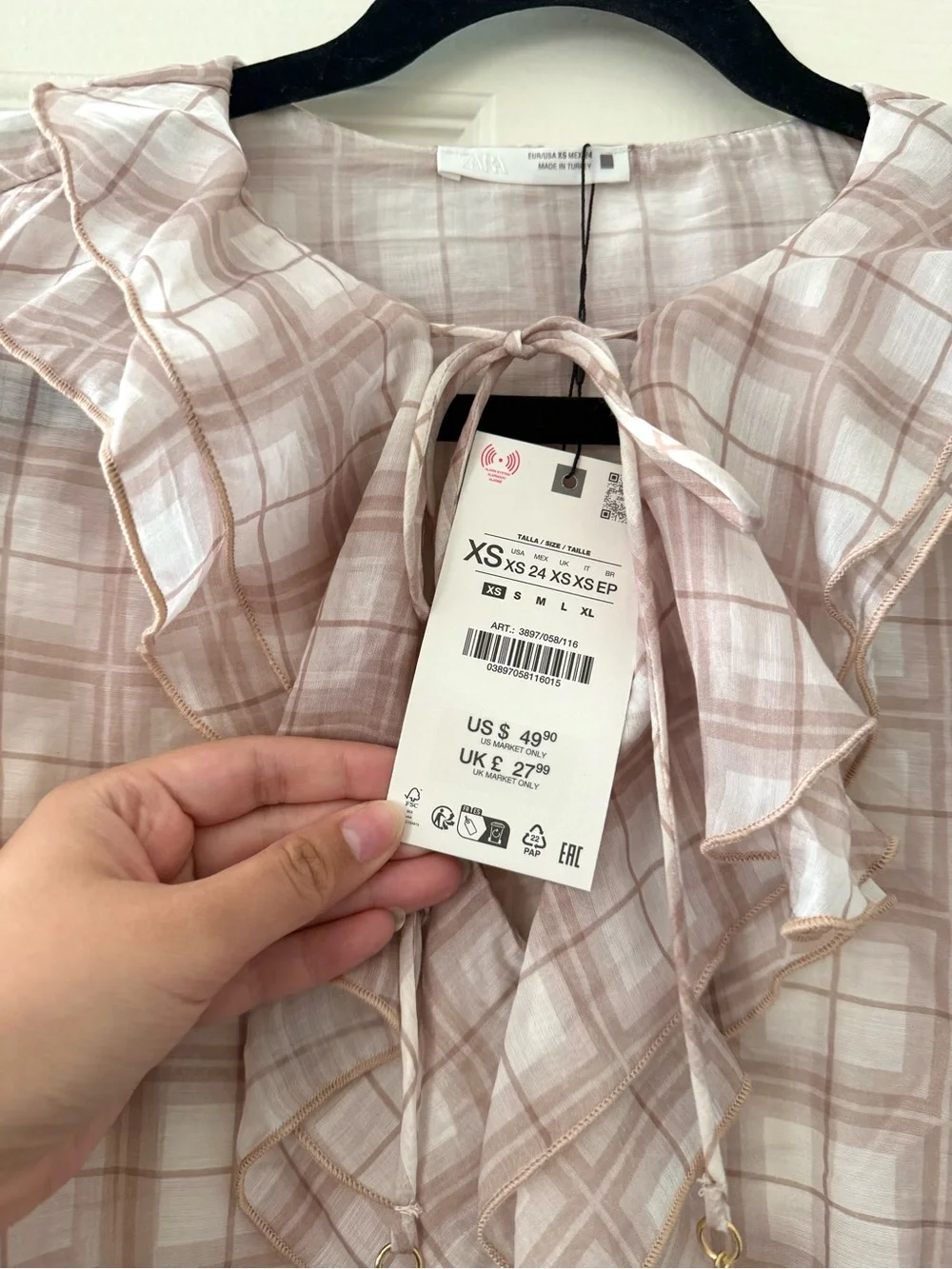 BNWT Zara Muted Pink Plaid Ruffle Blouse